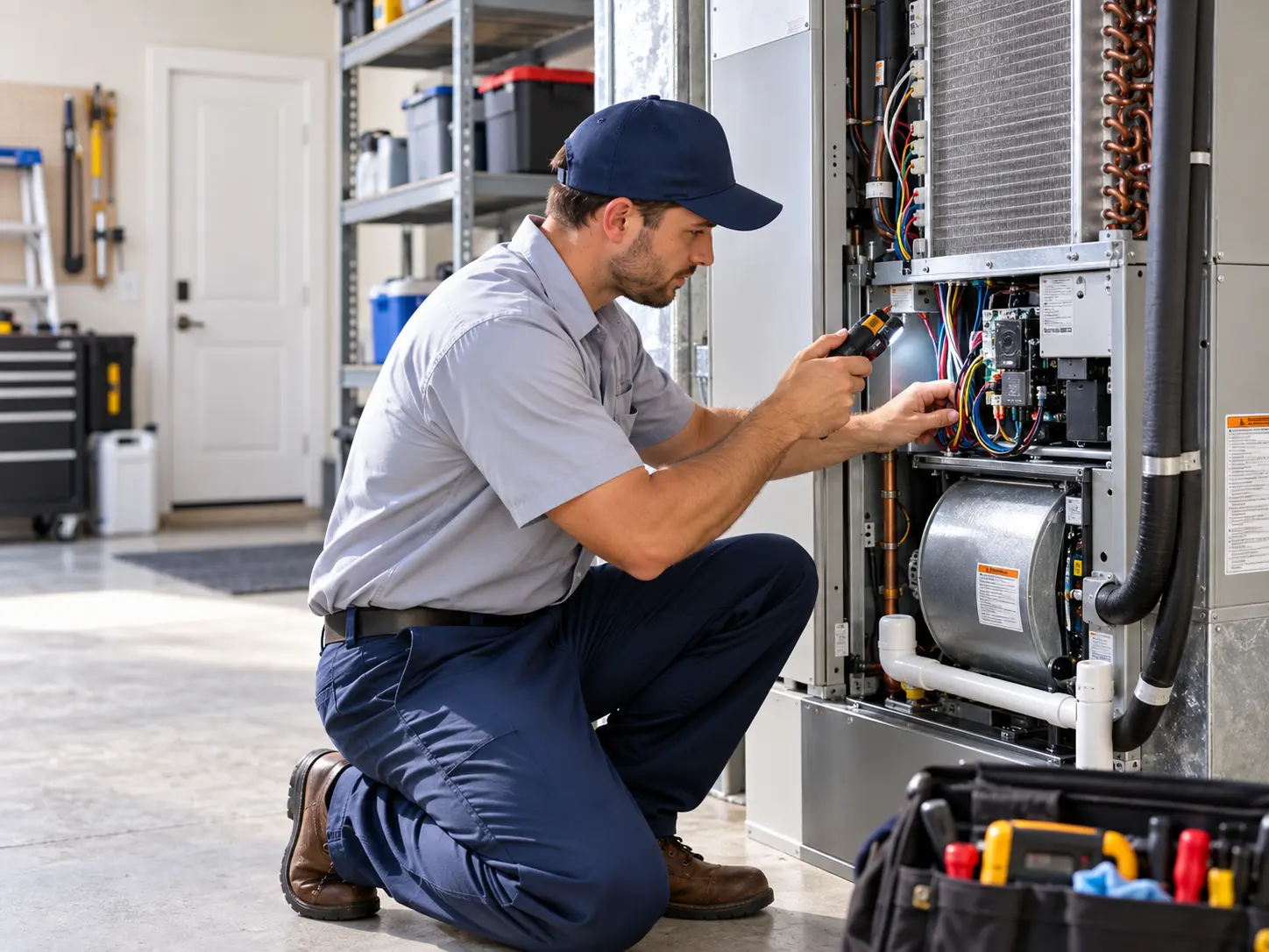 Technician testing wiring inside a residential air handler cabinet