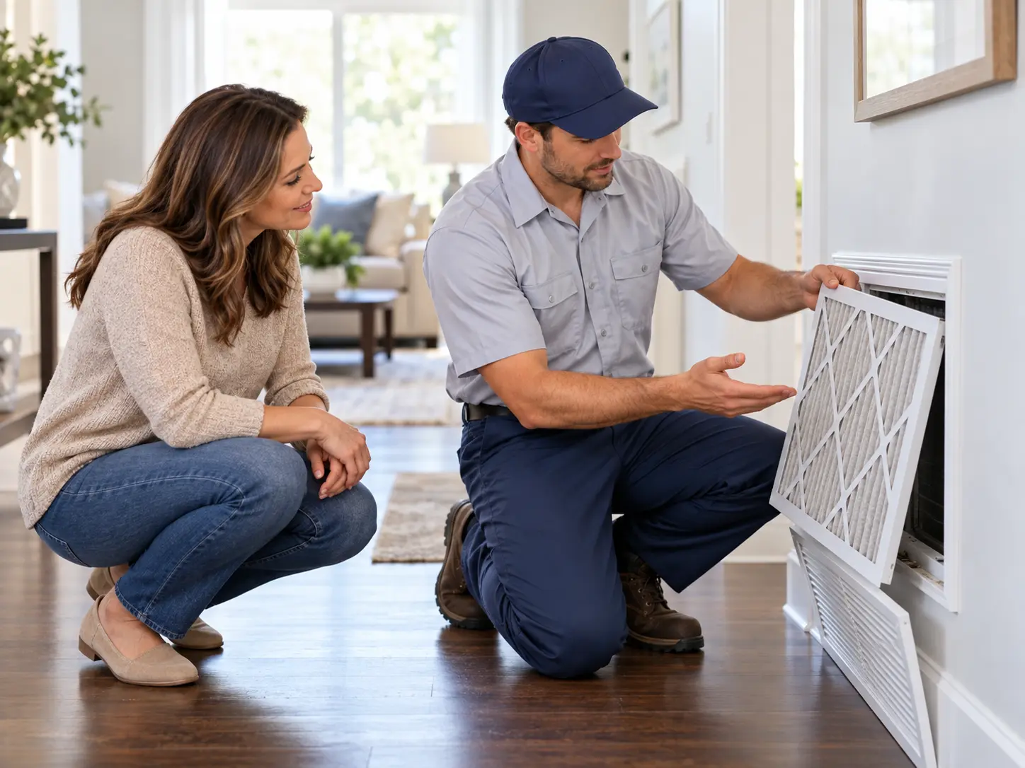 Technician showing a homeowner the condition of a return air filter