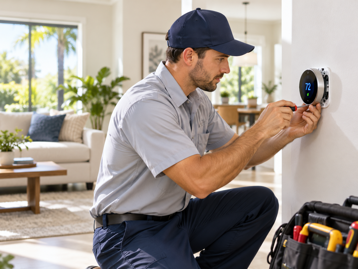 HVAC technician installing a thermostat in a Central Florida home