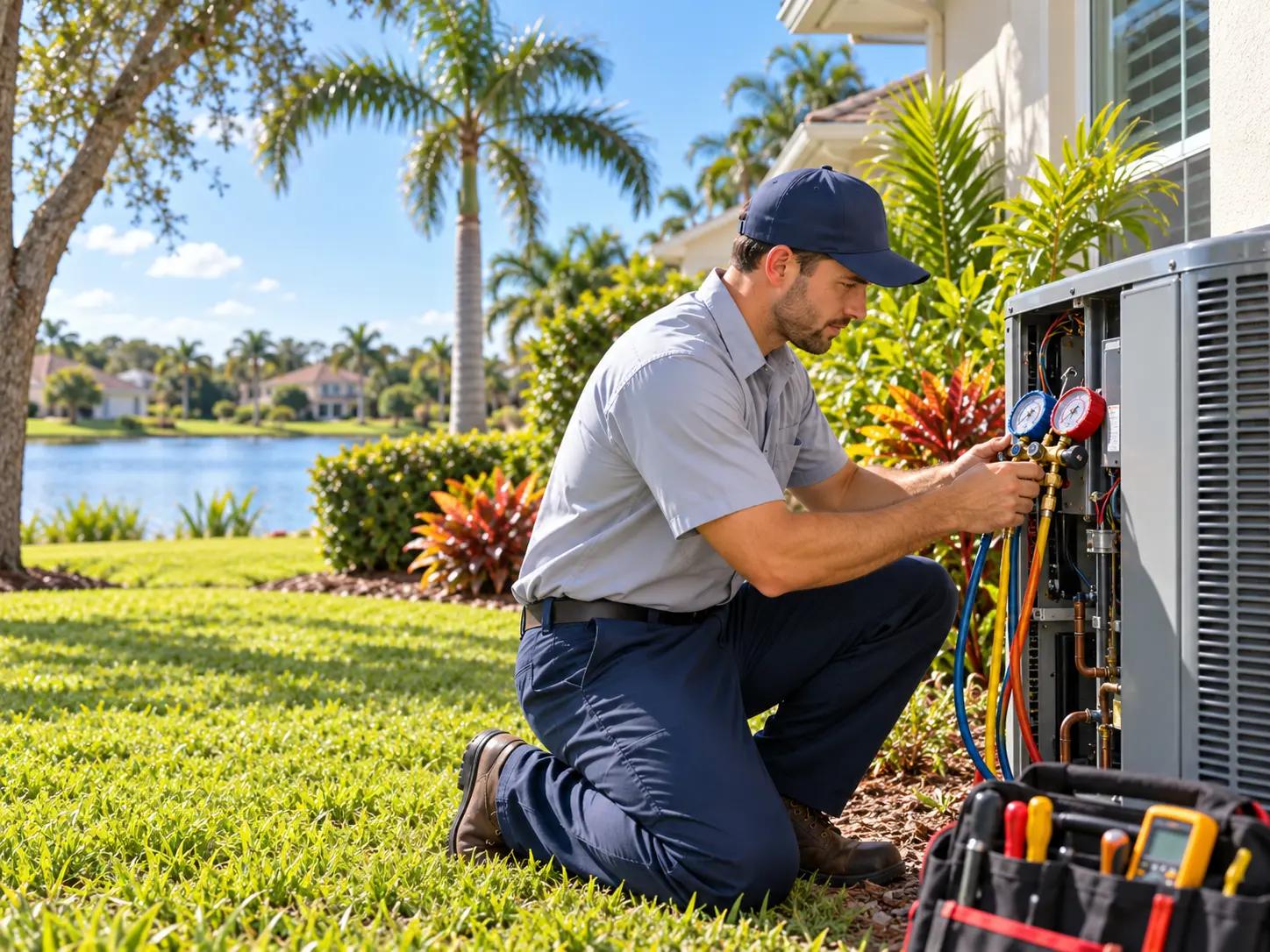 Technician connecting refrigerant gauges to an outdoor AC unit outside a Central Florida home